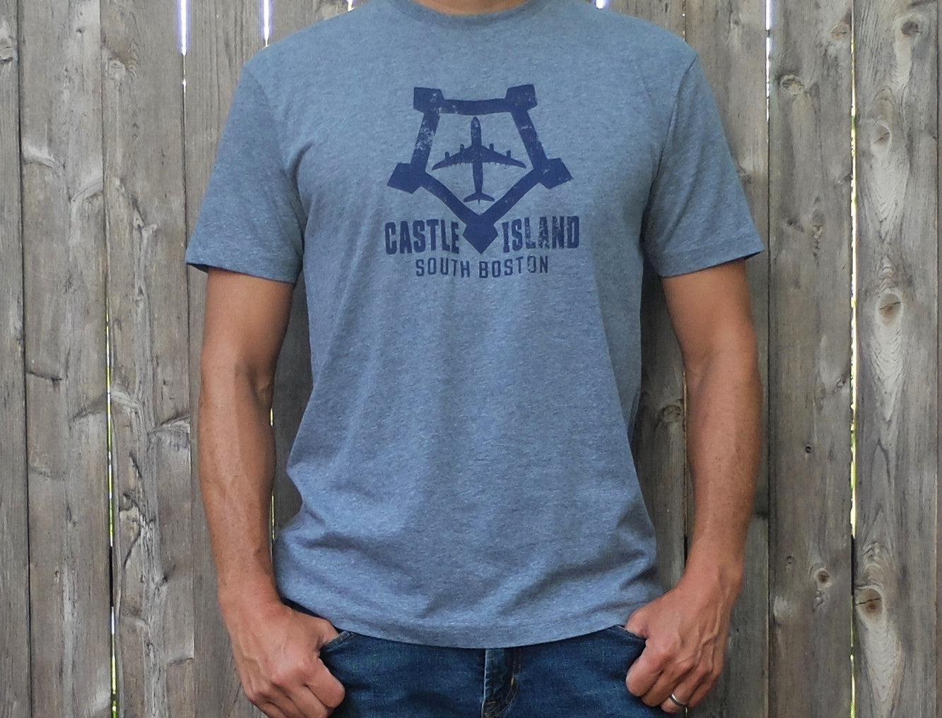 Man Wearing Grey Adult South Boston Castle Island T-Shirt